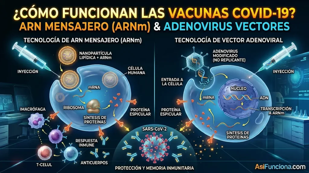 Cómo funciona la vacuna COVID-19 (mecanismo ARN mensajero y adenovirus)