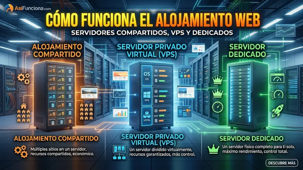 Cómo funciona un hosting web (servidores compartidos, VPS y dedicados)