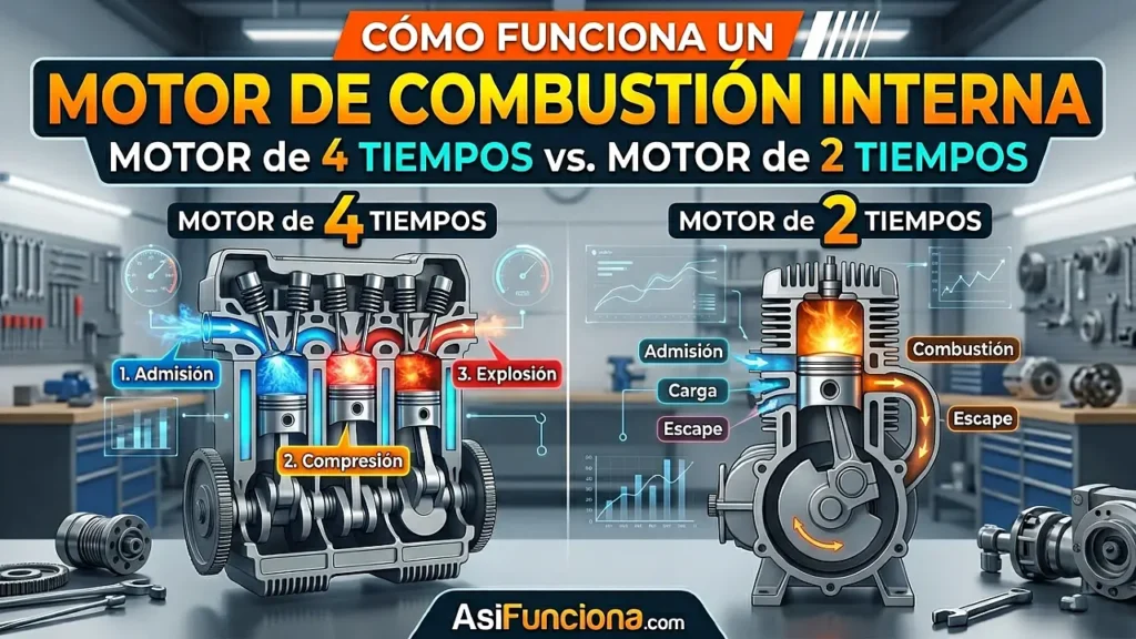 Cómo funciona un motor de combustión interna (4 tiempos y 2 tiempos)