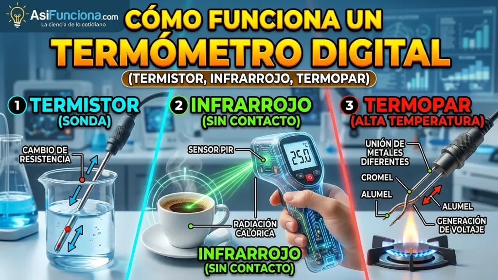 Cómo funciona un termómetro digital (termistor, infrarrojo y termopar)
